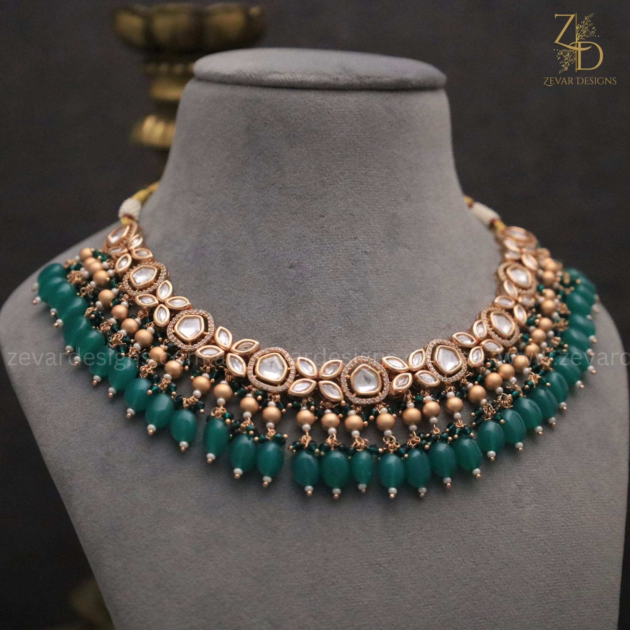 18K Gold Plated Kundan Polki Beaded Necklace Set with Pearls Emerald green drops