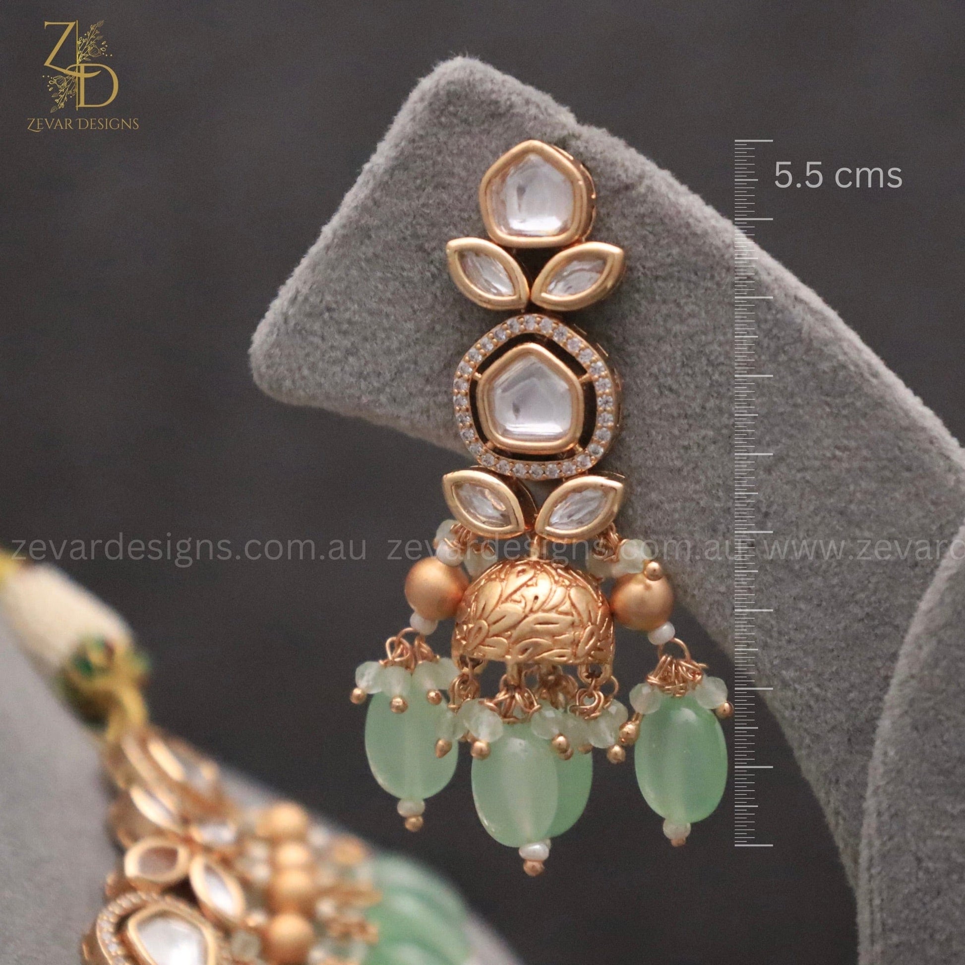 Zevar Designs Necklace Sets 18K Gold Plated Kundan Polki Beaded Necklace Set with Pearls & Mint green drops