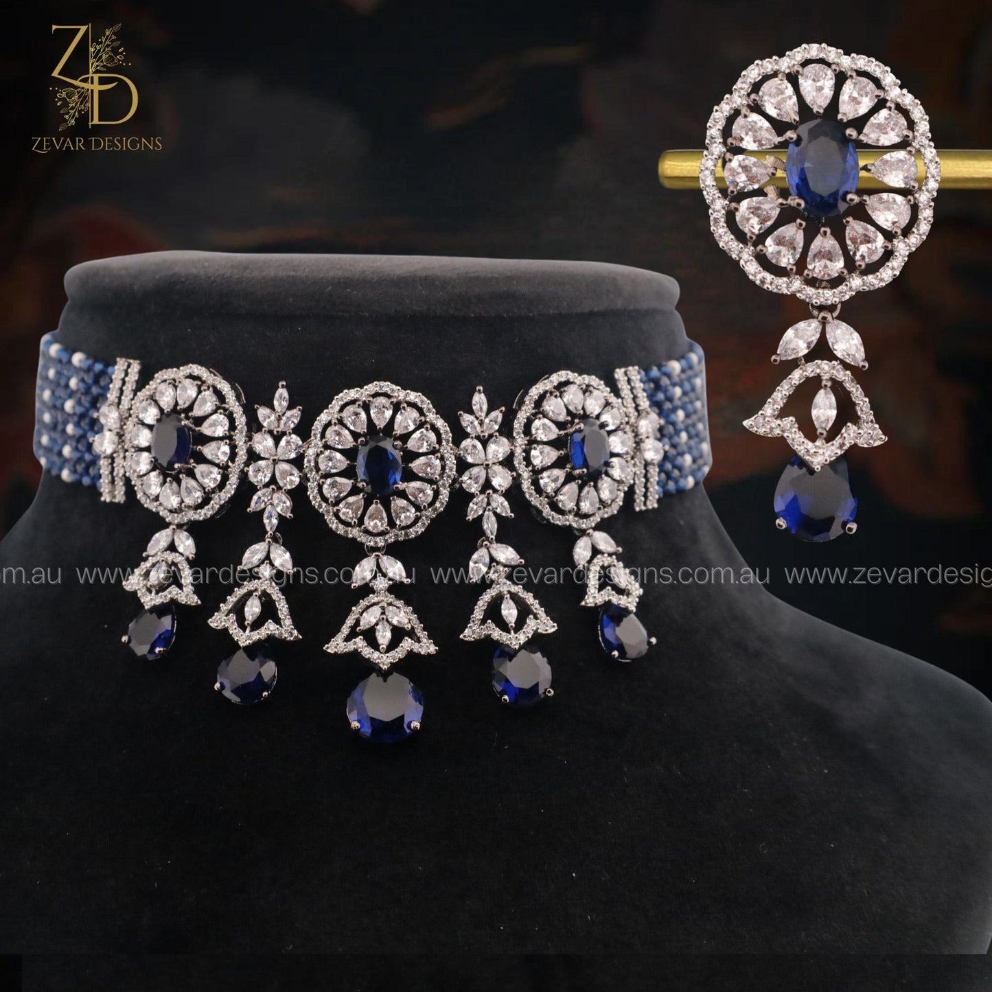 Zevar Designs Necklace Sets - AD AD Choker set with Sapphire Blue Drops