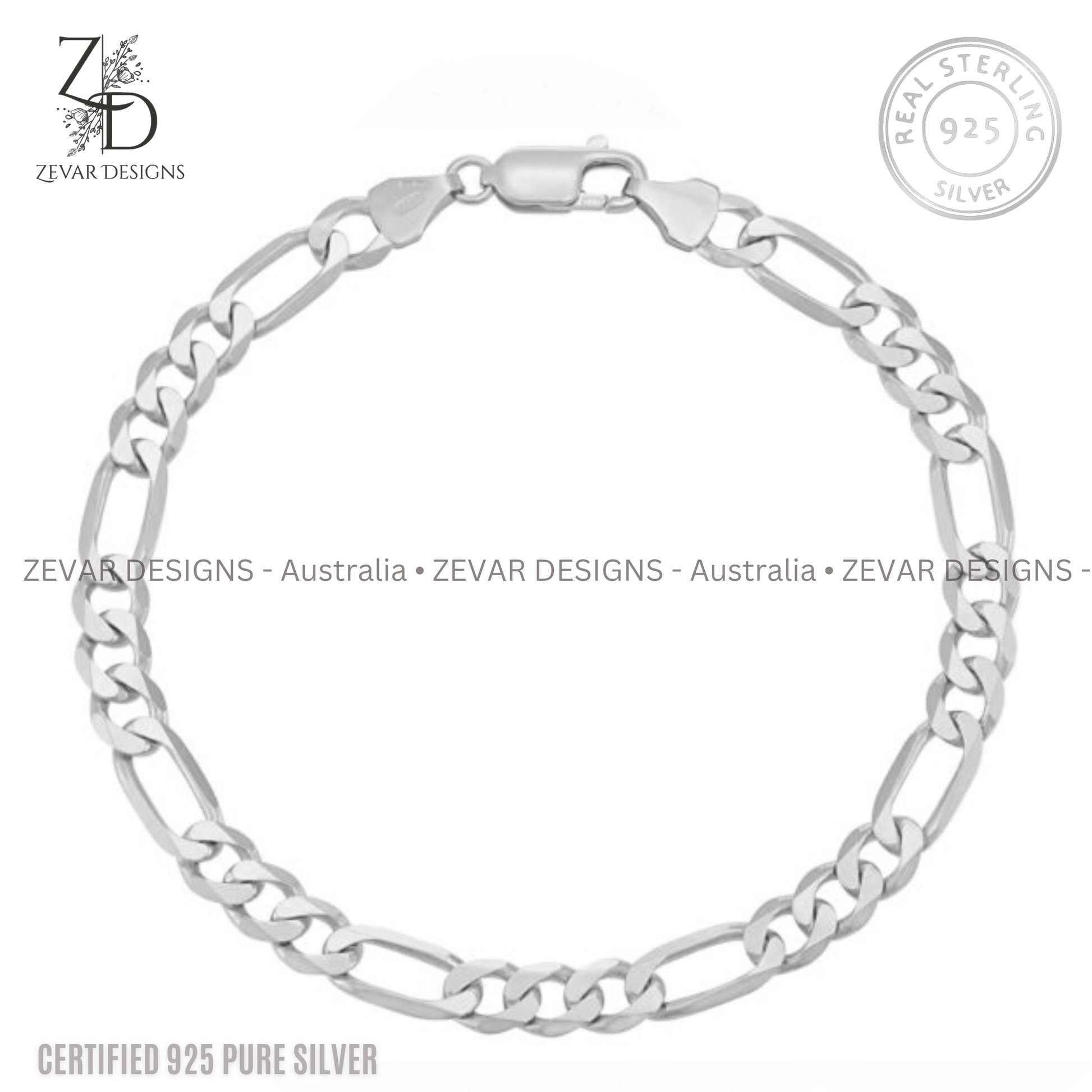 Zevar Designs - Australia’s Premium Fashion Jewellery Store Men Silver Sterling Silver Men’s Figaro Bracelet