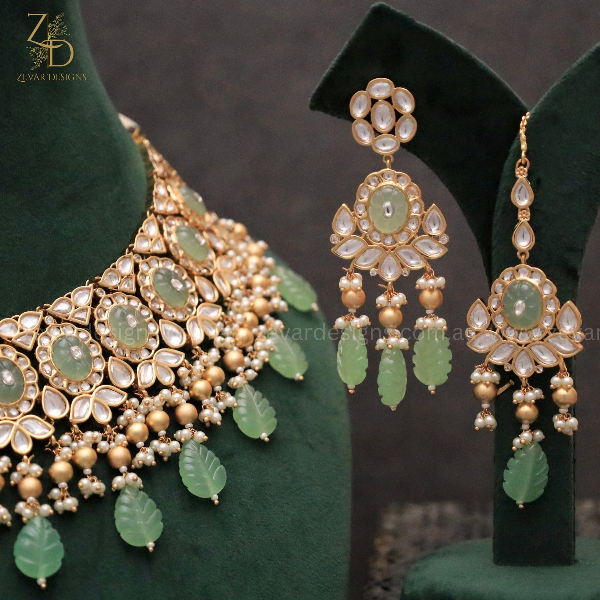 Zevar Designs Designer Necklace Sets Bridal Necklace Set with Mint Green Drops & Golden Beads