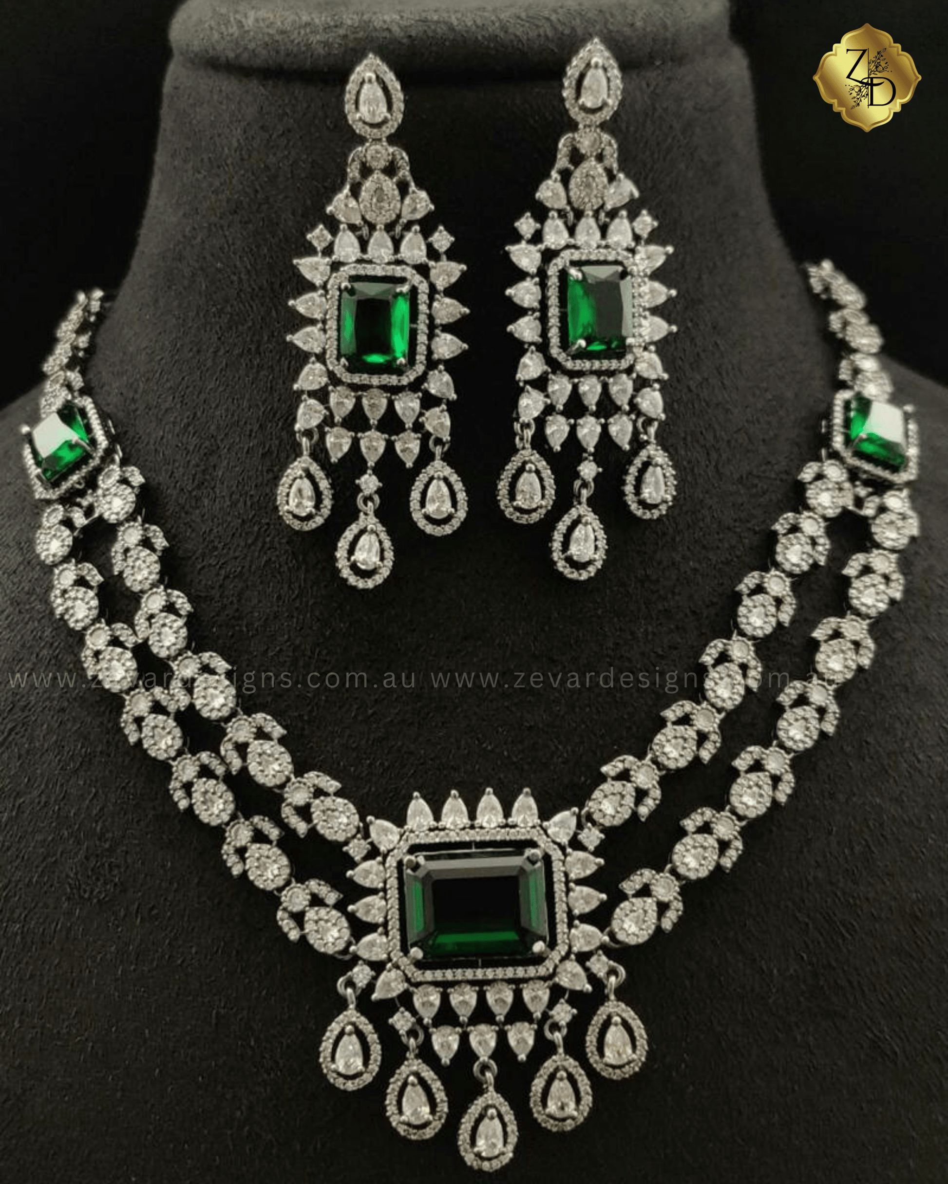 Zevar Designs Necklace Sets - AD Double Layered Designer AD Necklace set - Crystal Emerald Green (Oxidised Finish)