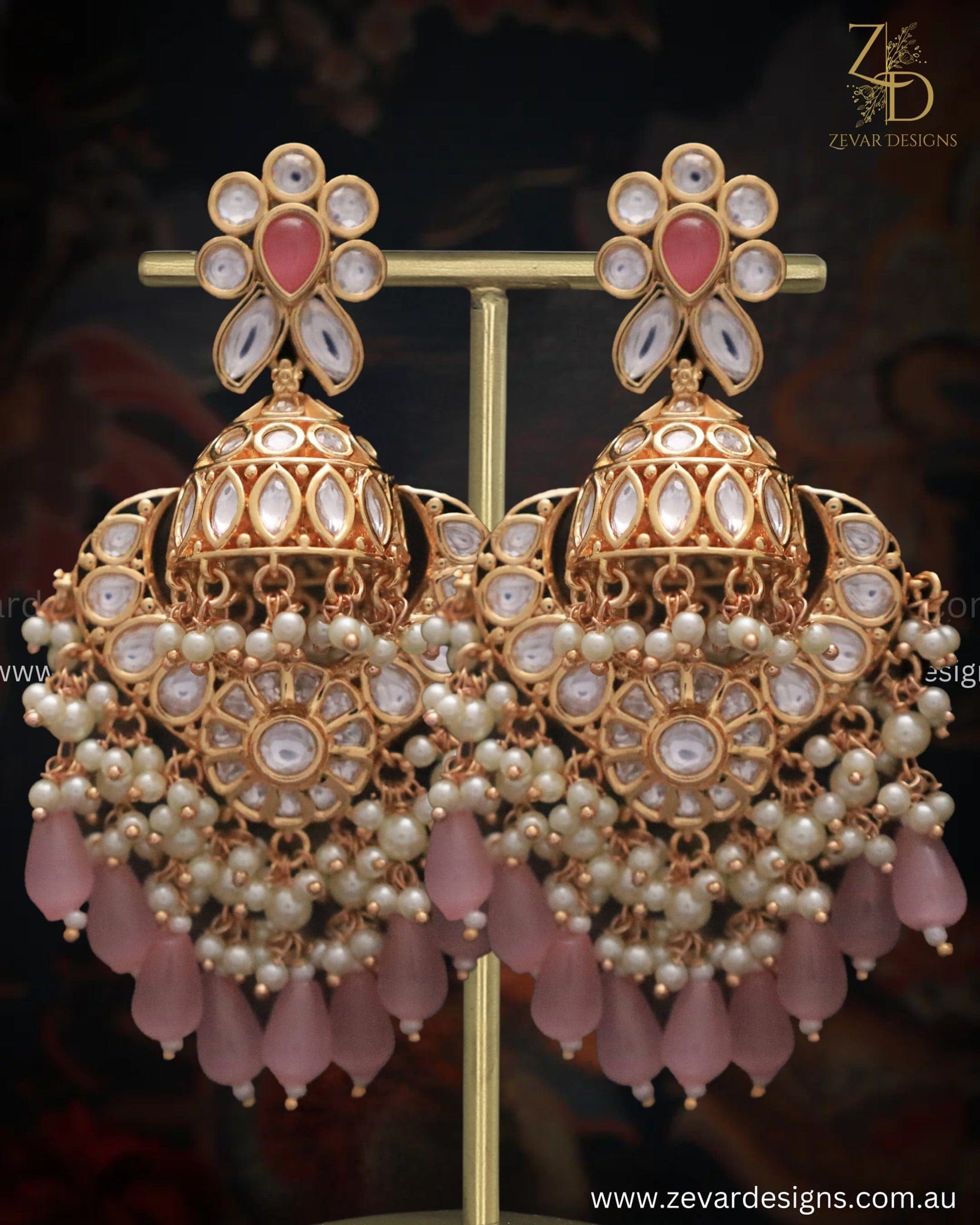 Zevar Designs Designer Earrings Heritage Inspired Jhumki & Chandbali Earrings - Pink