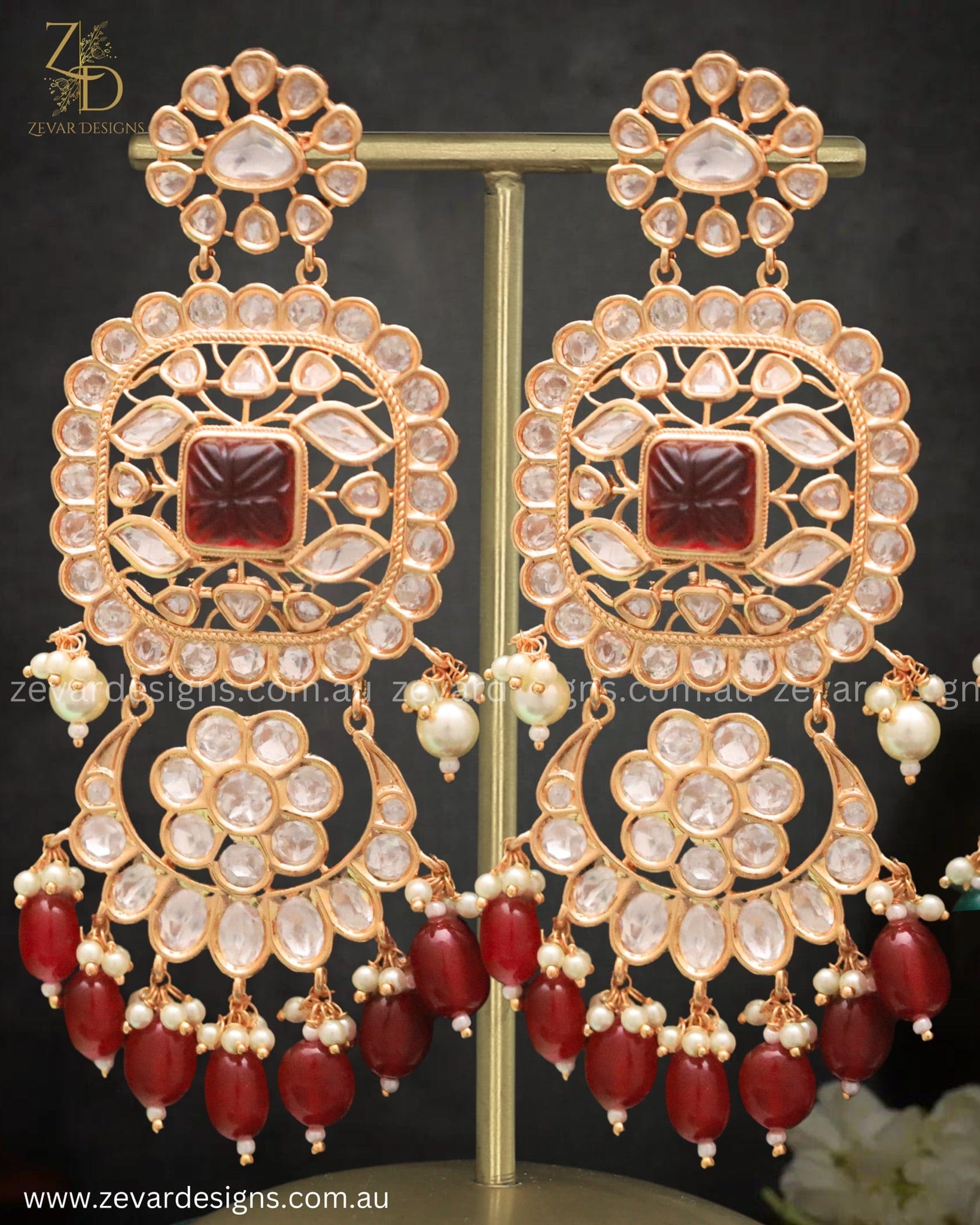 Zevar Designs Designer Earrings Kundan Polki Chandbali Earrings - Ruby Red