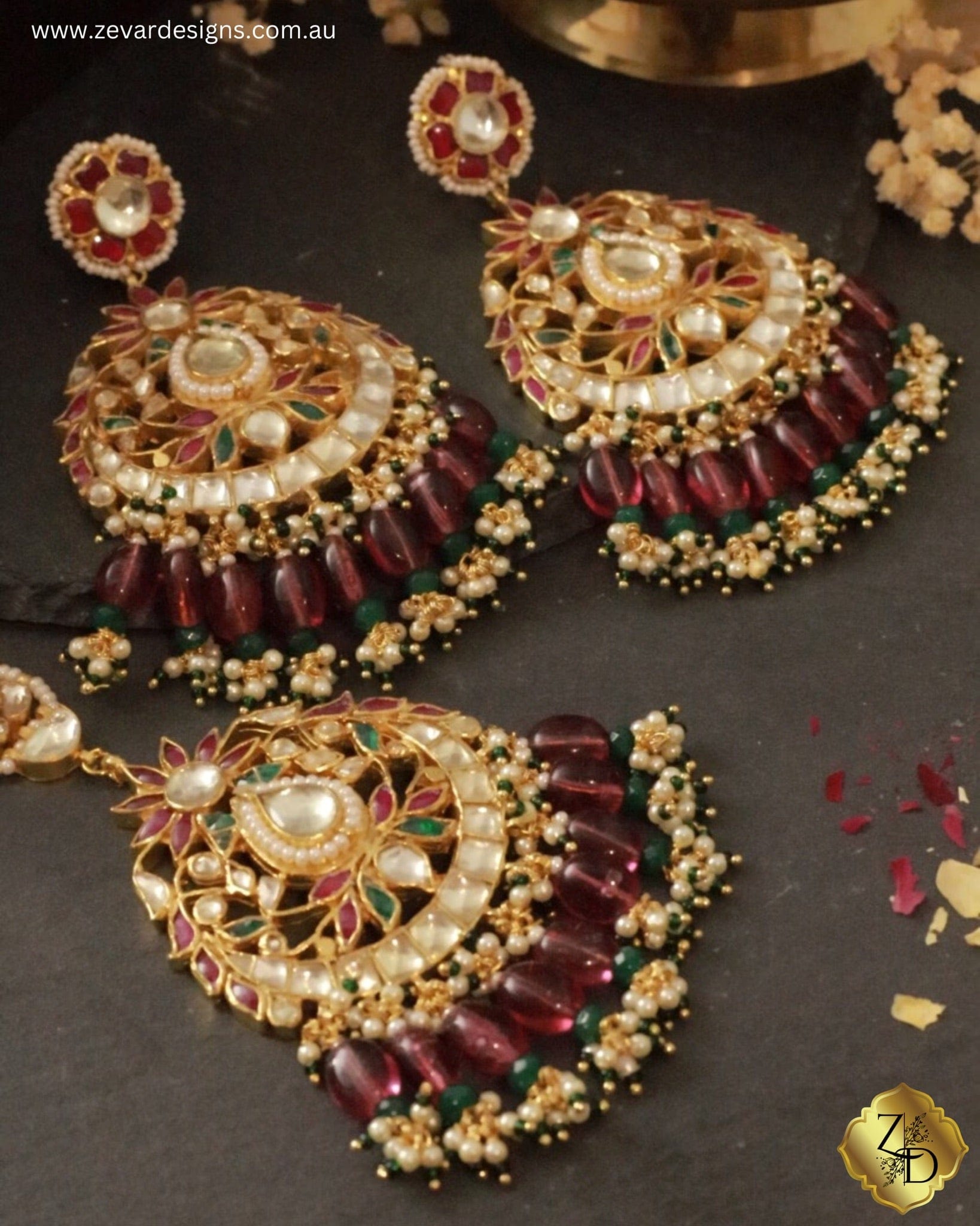 Zevar Designs Maang Tikka Set Multi-color Pachi Kundan Chandbali Tikka Set  - Wine Red Drops