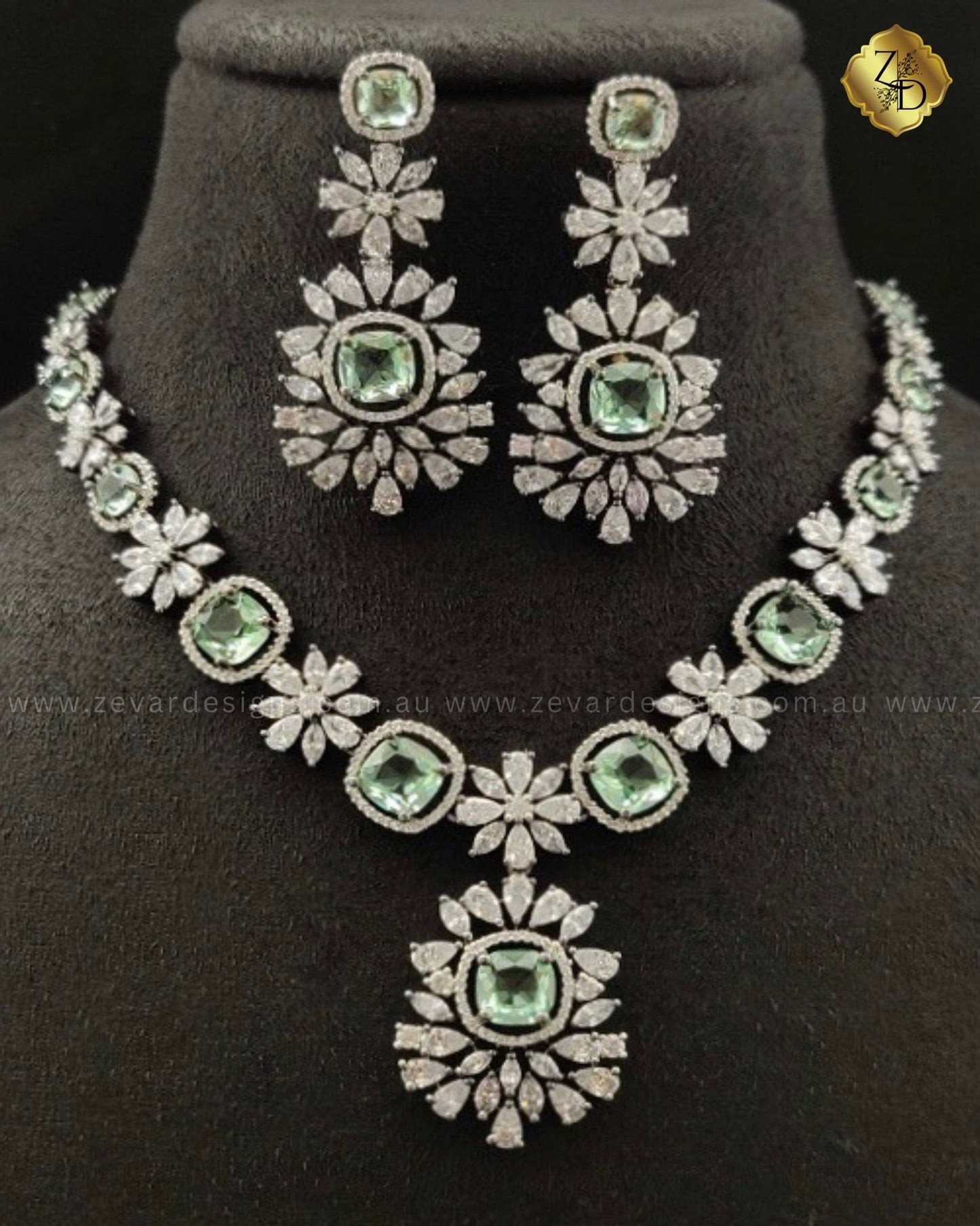 Zevar Designs Necklace Sets - AD ‘SABYASACHI’ inspired Necklace set - Crystal Mint