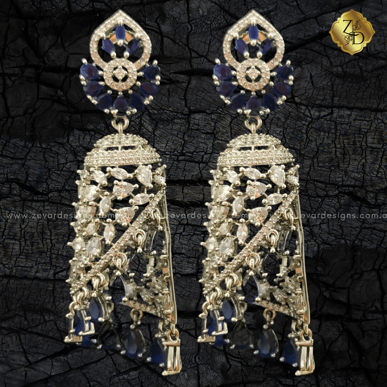 Zevar Designs Indo-Western Earrings Sapphire Blue AD Jhumki