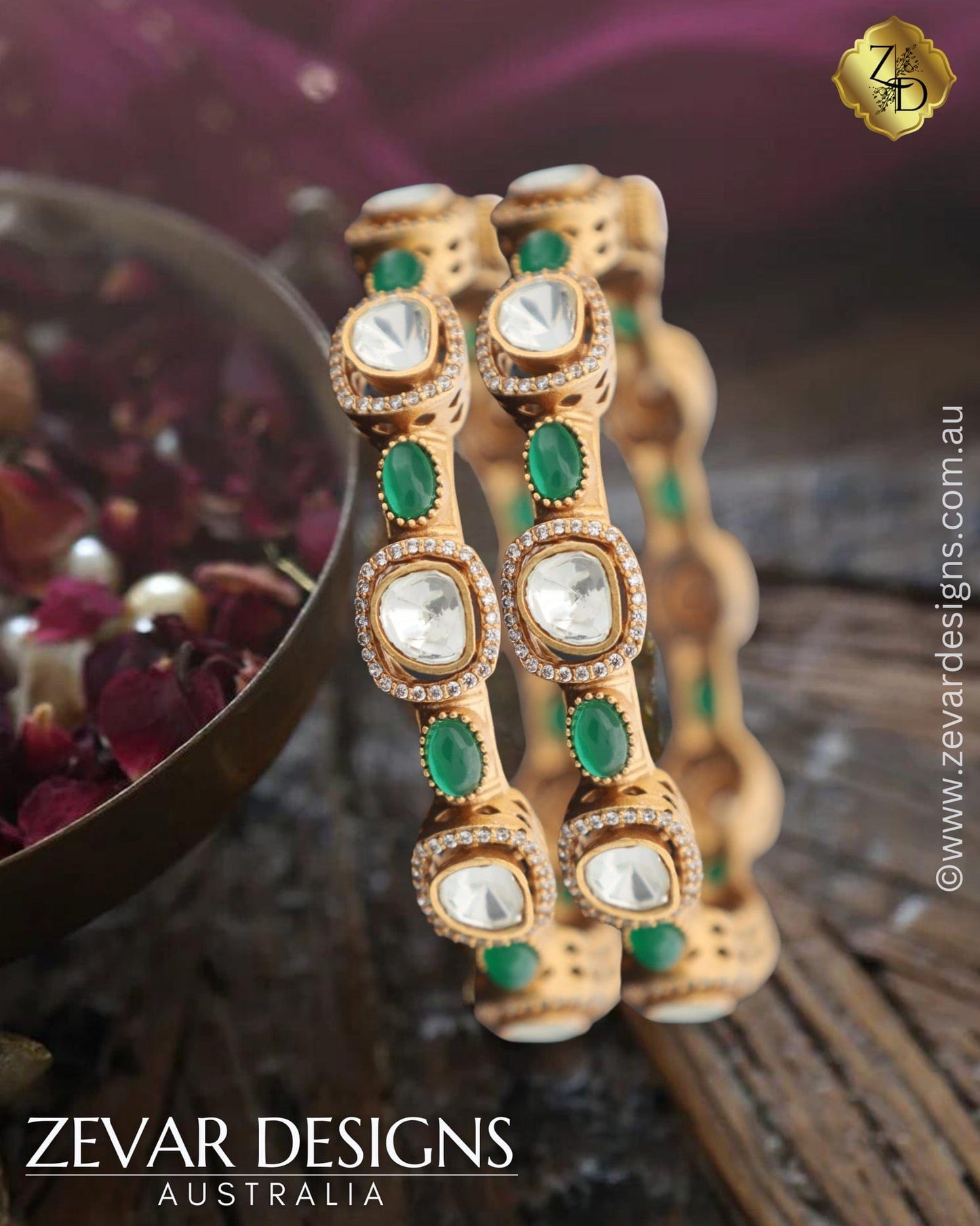 Zevar Designs Kundan Bangles Victorian Style Polki AD Bangles - Emerald Green