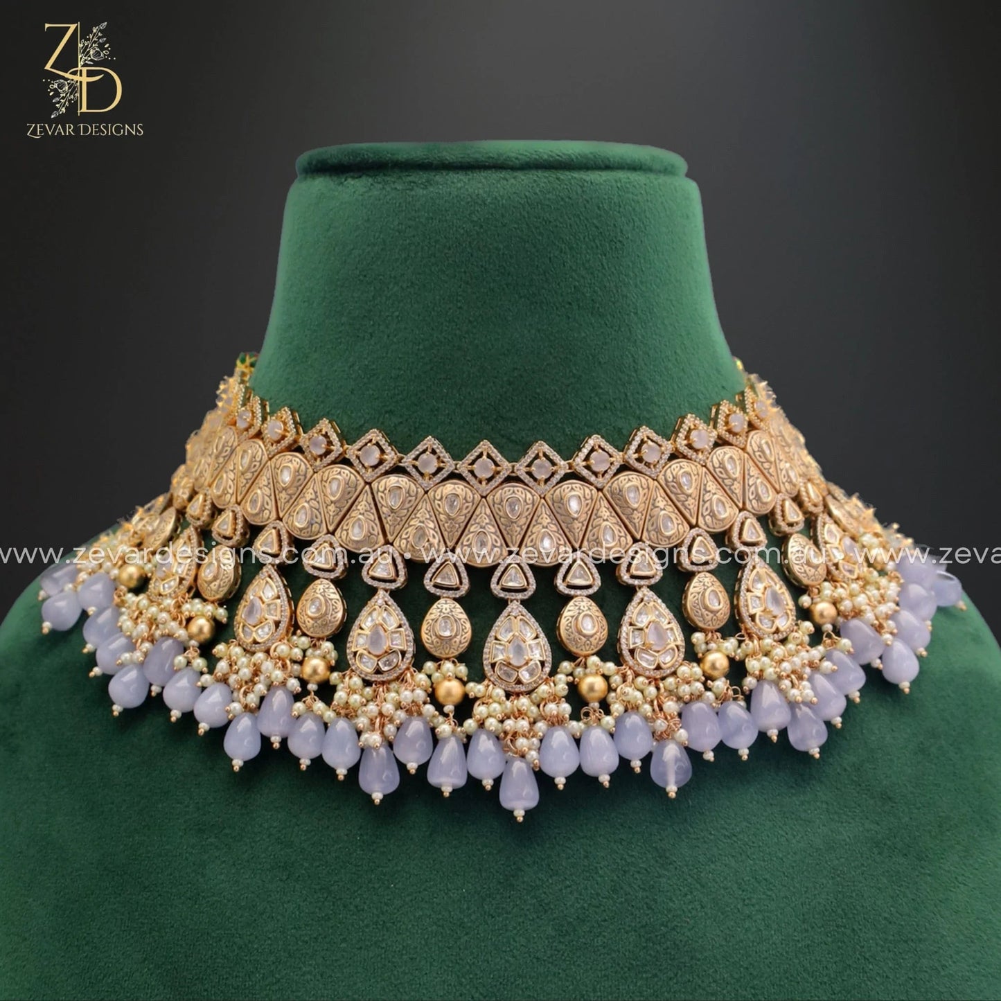 Zevar Designs Designer Necklace Sets Kundan Polki Choker Set with Tikka - Grey