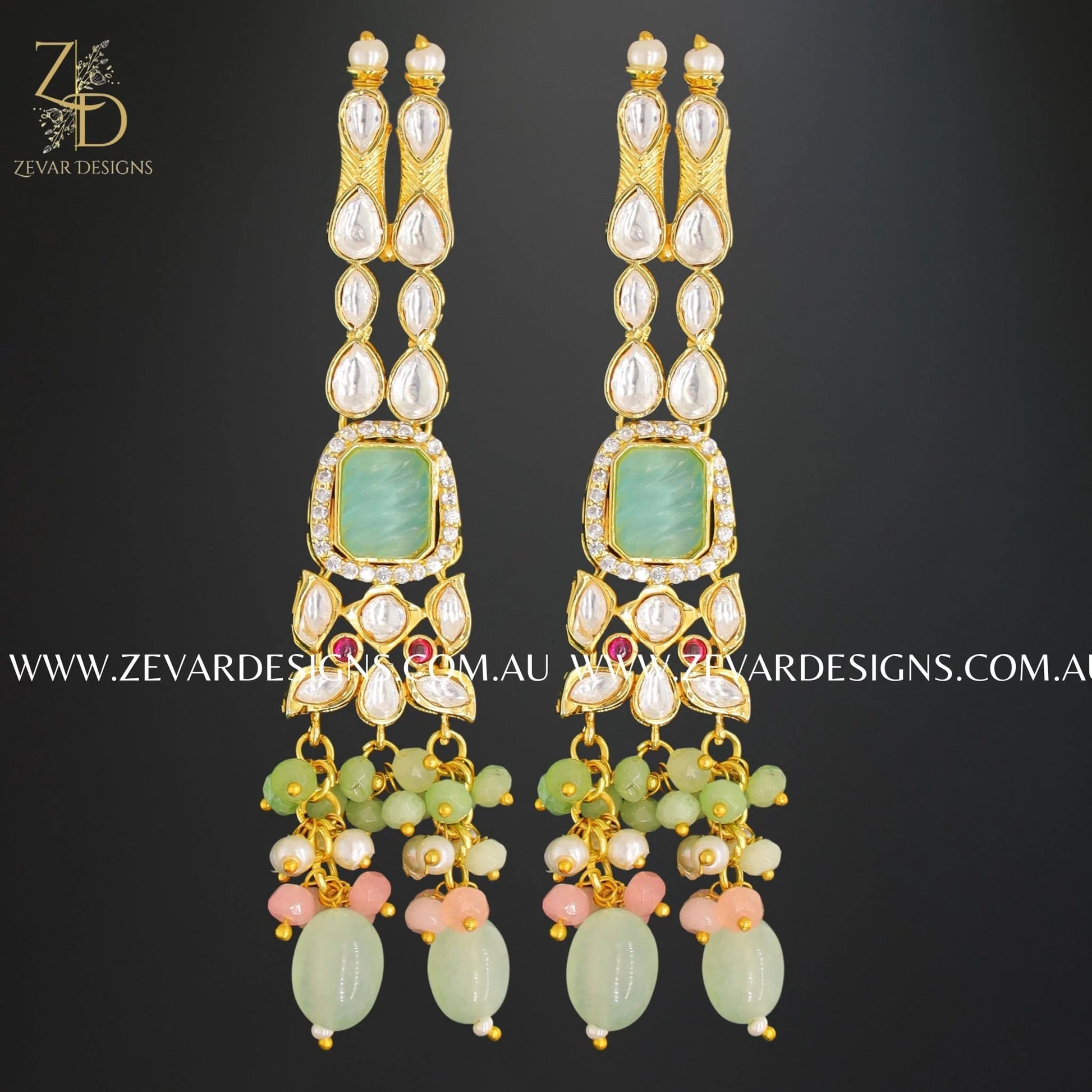 Zevar Designs Designer Necklace Sets Kundan Polki Necklace Set in Mint and Pink