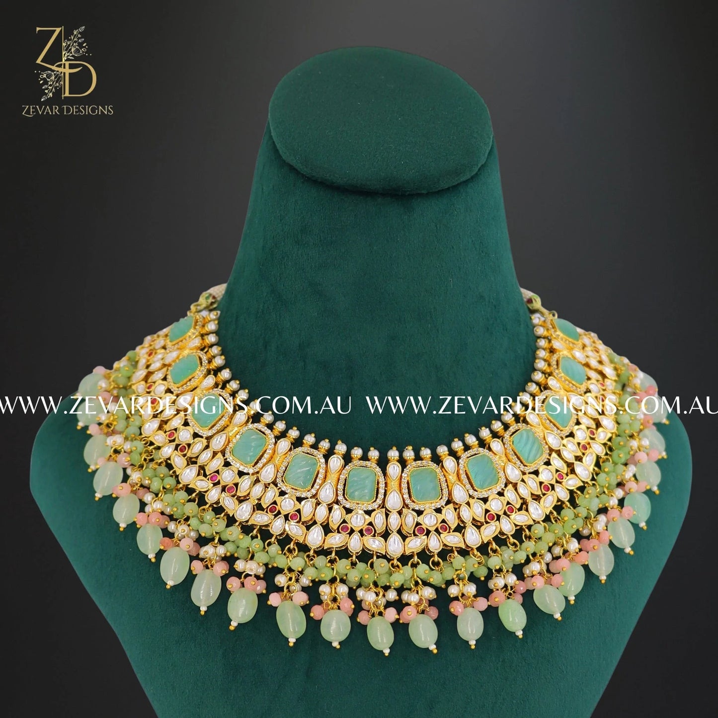 Zevar Designs Designer Necklace Sets Kundan Polki Necklace Set in Mint and Pink