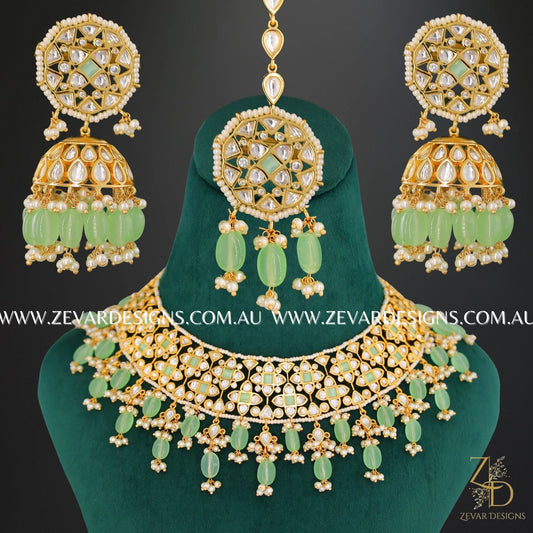 Zevar Designs Designer Necklace Sets Kundan Polki Necklace Set with Tikka - Mint Green