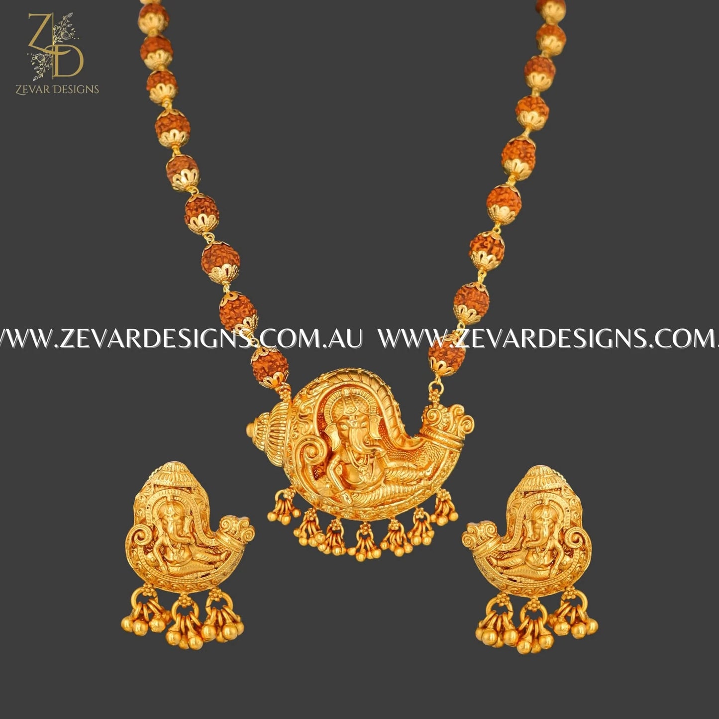Zevar Designs South Indian Temple Long Necklace Set in Rudraksh Beaded Chain